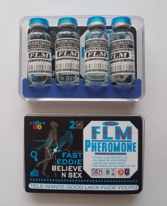 FLM pheromone Сильный женский возбудитель, бесцветная жидкость, синяя крышка, 4 флакона по 10 мл.